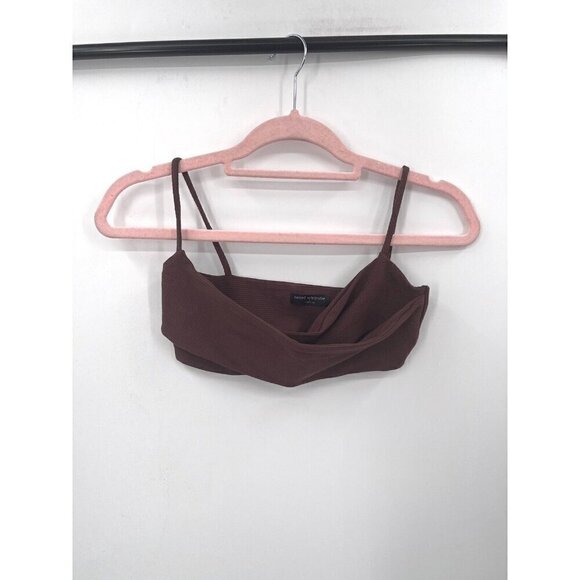 Naked Wardrobe Top Women Small Brown Ribbed Faux Bandage Wrap Cropped - Picture 1 of 7